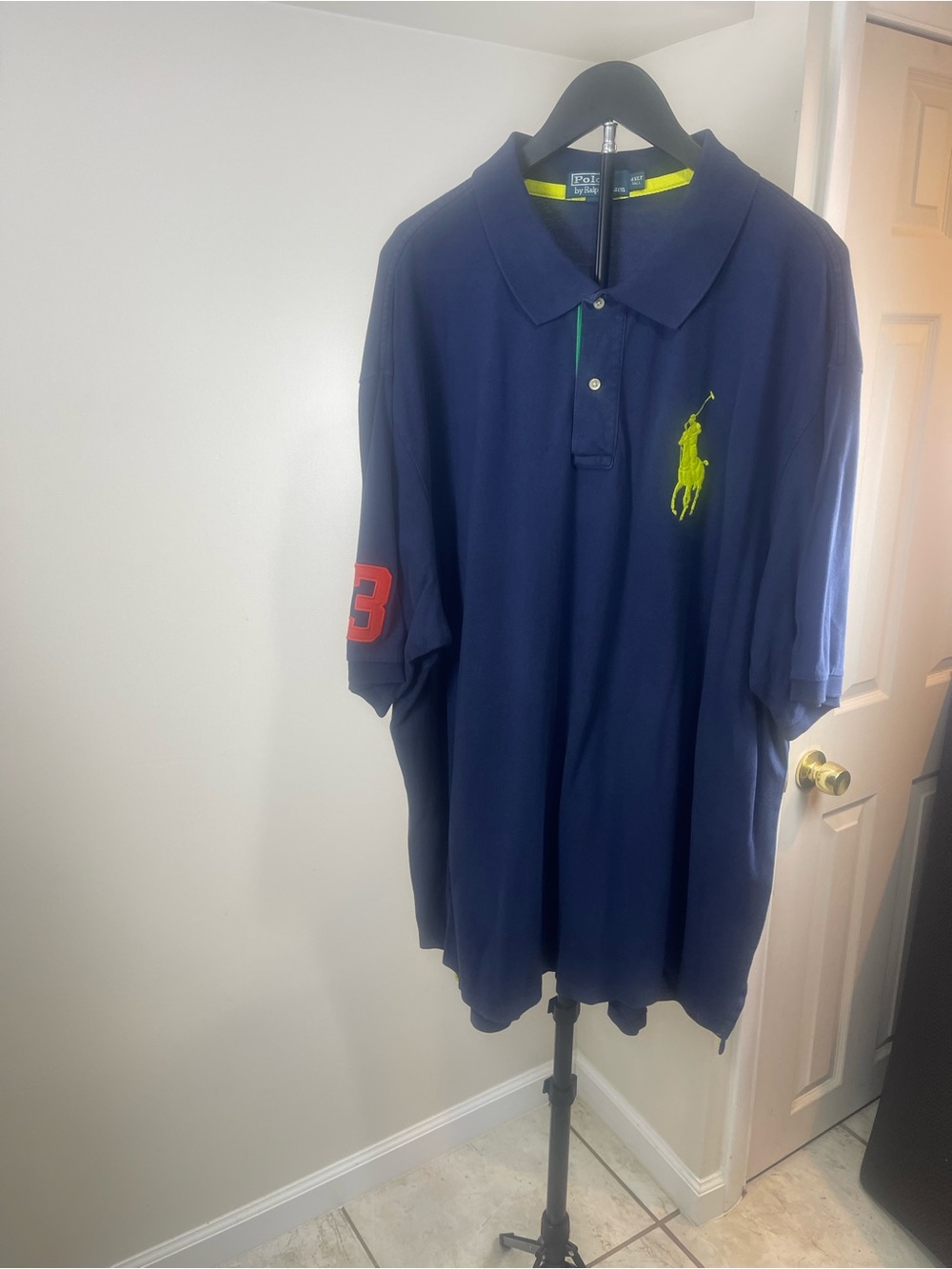 Ralph Lauren Navy Polo with Neon Yellow Pony and Red Sleeve Number